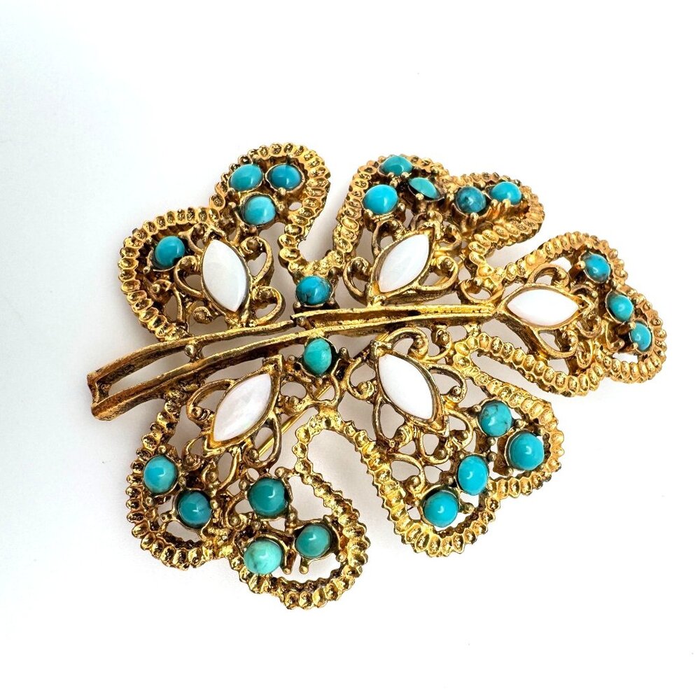 Vintage Swoboda Gold-Tone Leaf Brooch Turquoise & White Opal Cabochon Stones